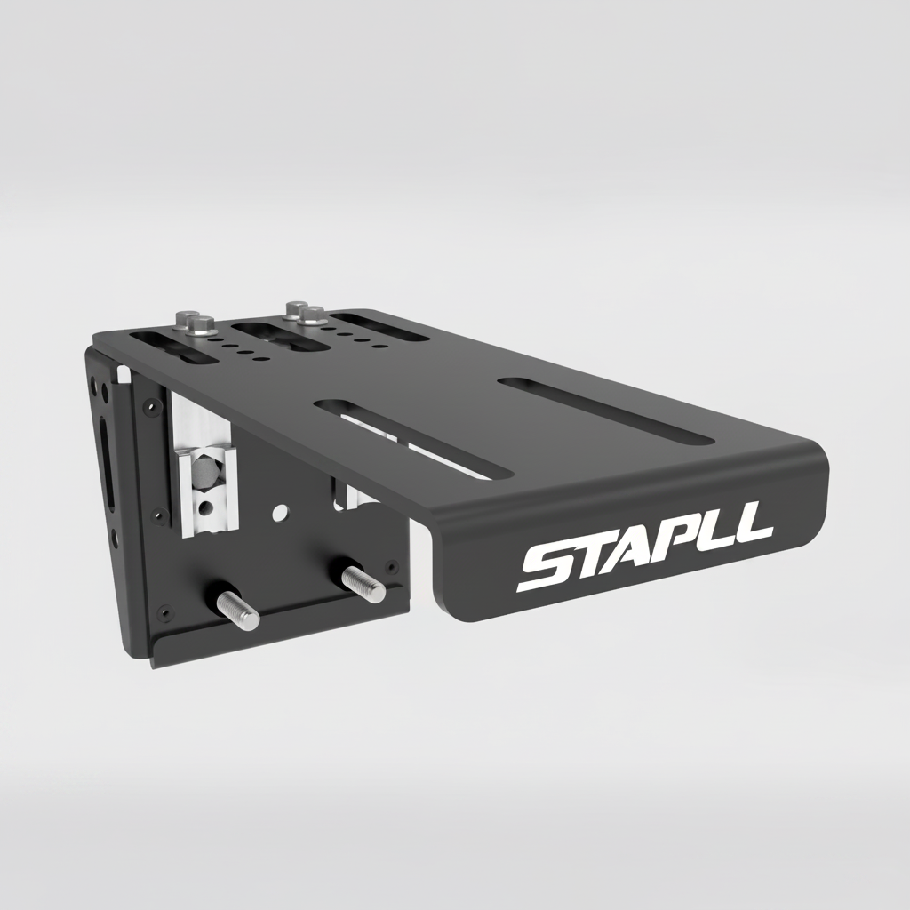 A black metal mounting bracket for mounting bikes on the side of a truck bed with silver hardware and the brand name 'STAPLL' printed in white on the side, shown on a light gray gradient background.